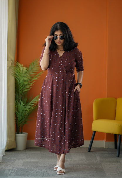 Sunburst Brown Polka Georgette Button Wrap Dress