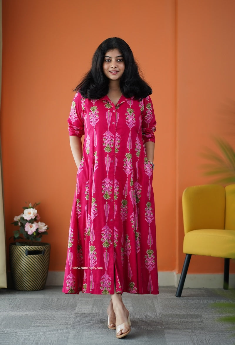 saavan pink cotton flared shirt dress