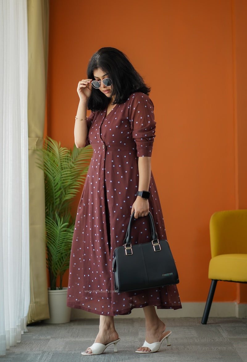 sunburst brown polka georgette button wrap dress