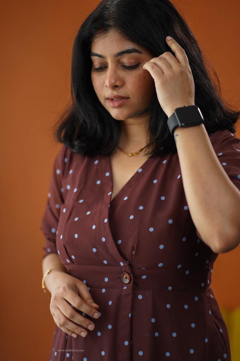 sunburst brown polka georgette button wrap dress