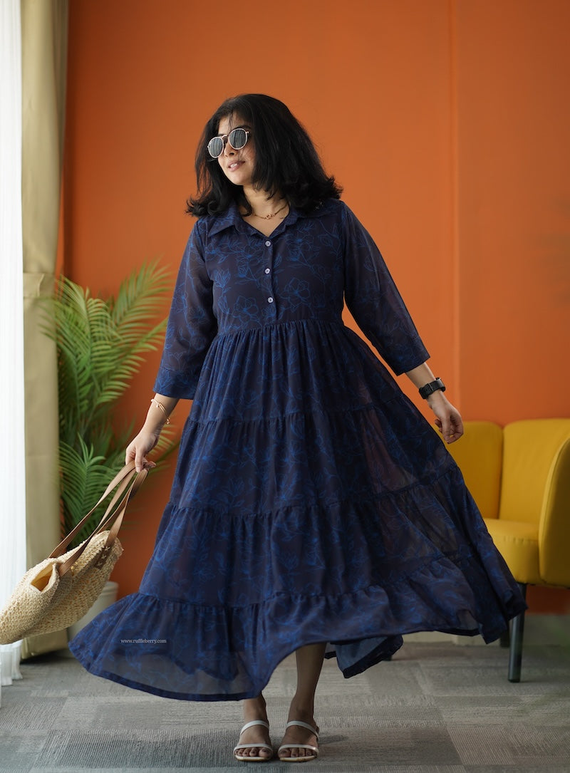 sunburst dark blue georgette shirt tier dress