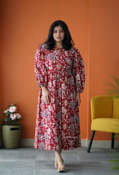 Saavan Maroon Cotton Tier Dress