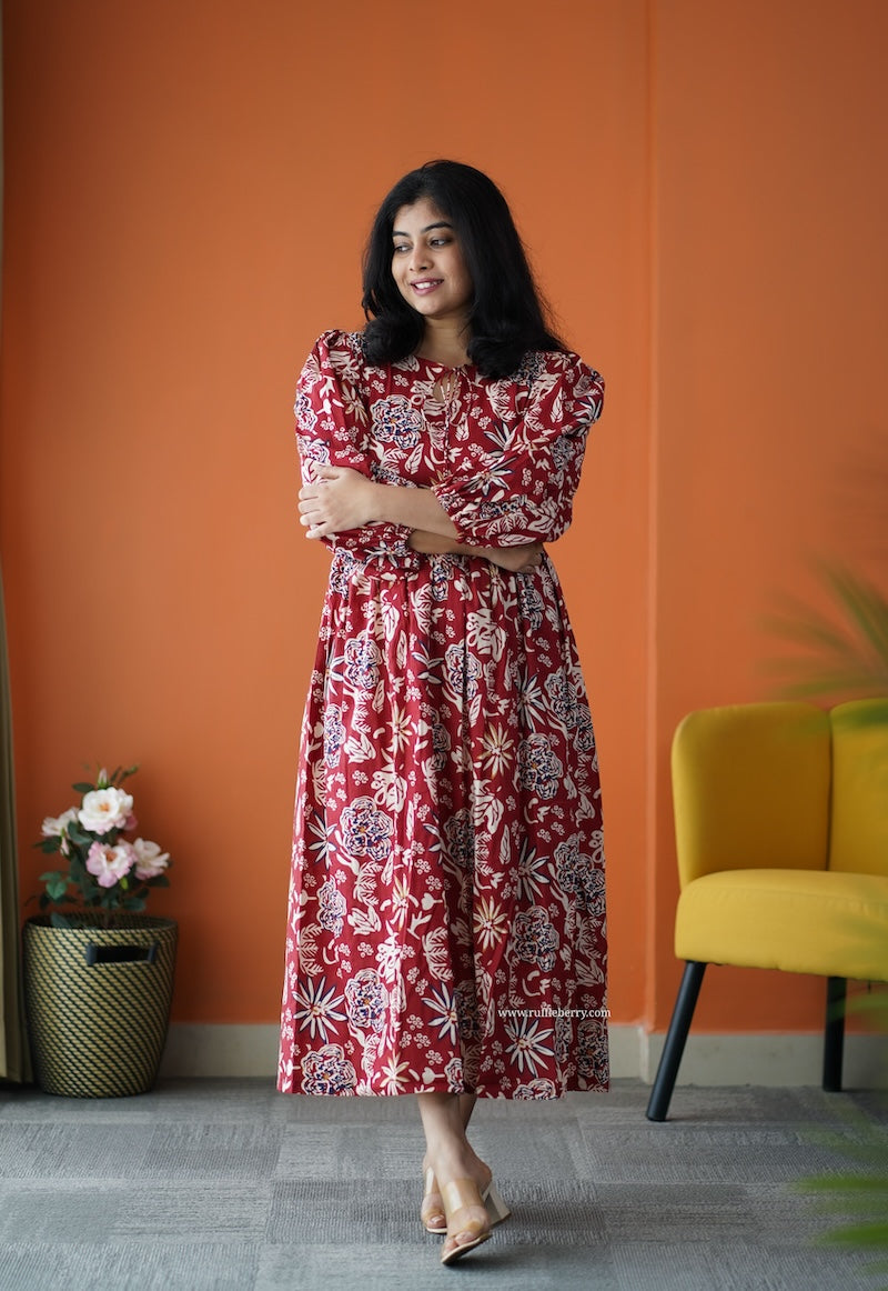 saavan maroon cotton tier dress