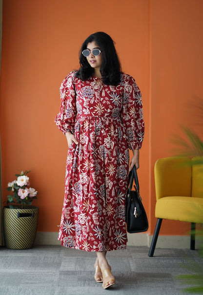Saavan Maroon Cotton Tier Dress