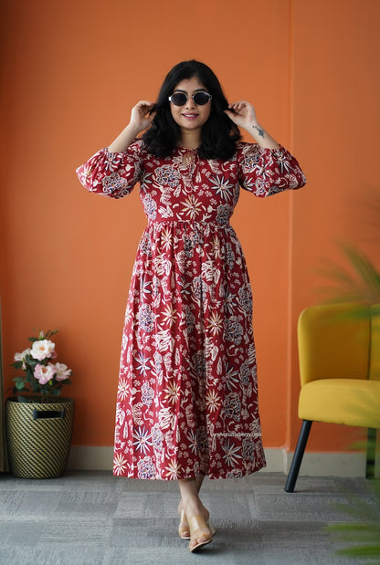 Saavan Maroon Cotton Tier Dress