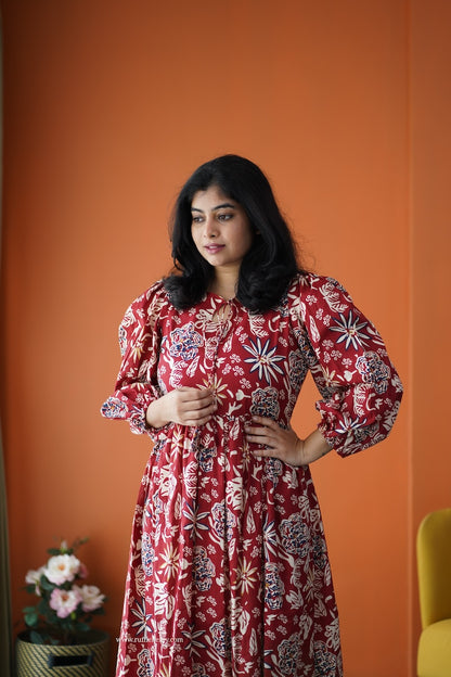 Saavan Maroon Cotton Tier Dress