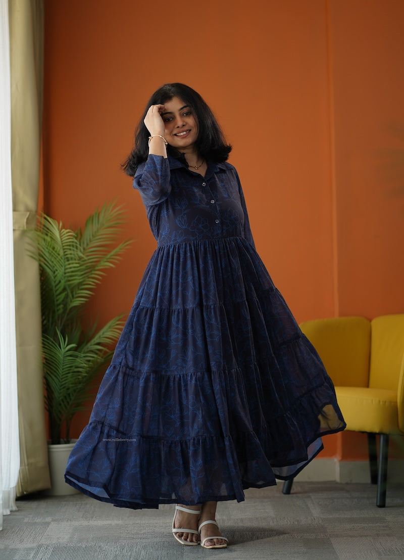 sunburst dark blue georgette shirt tier dress