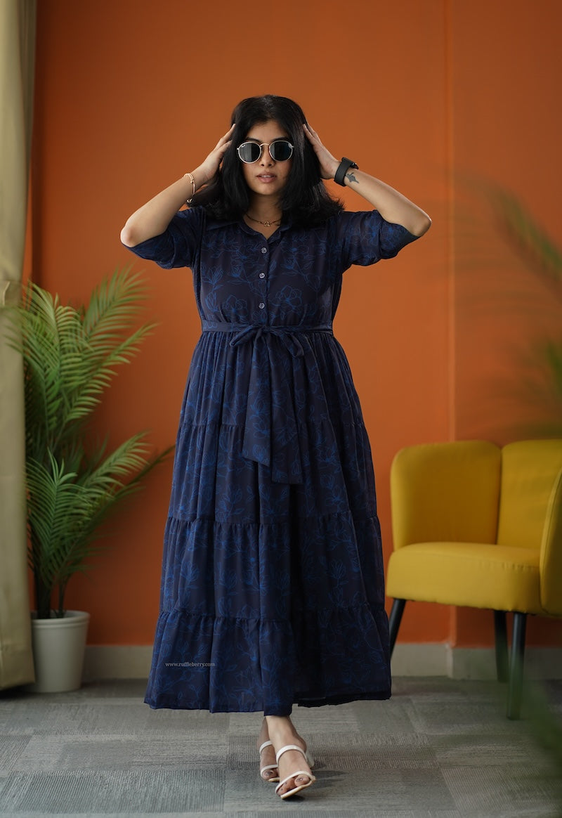sunburst dark blue georgette shirt tier dress