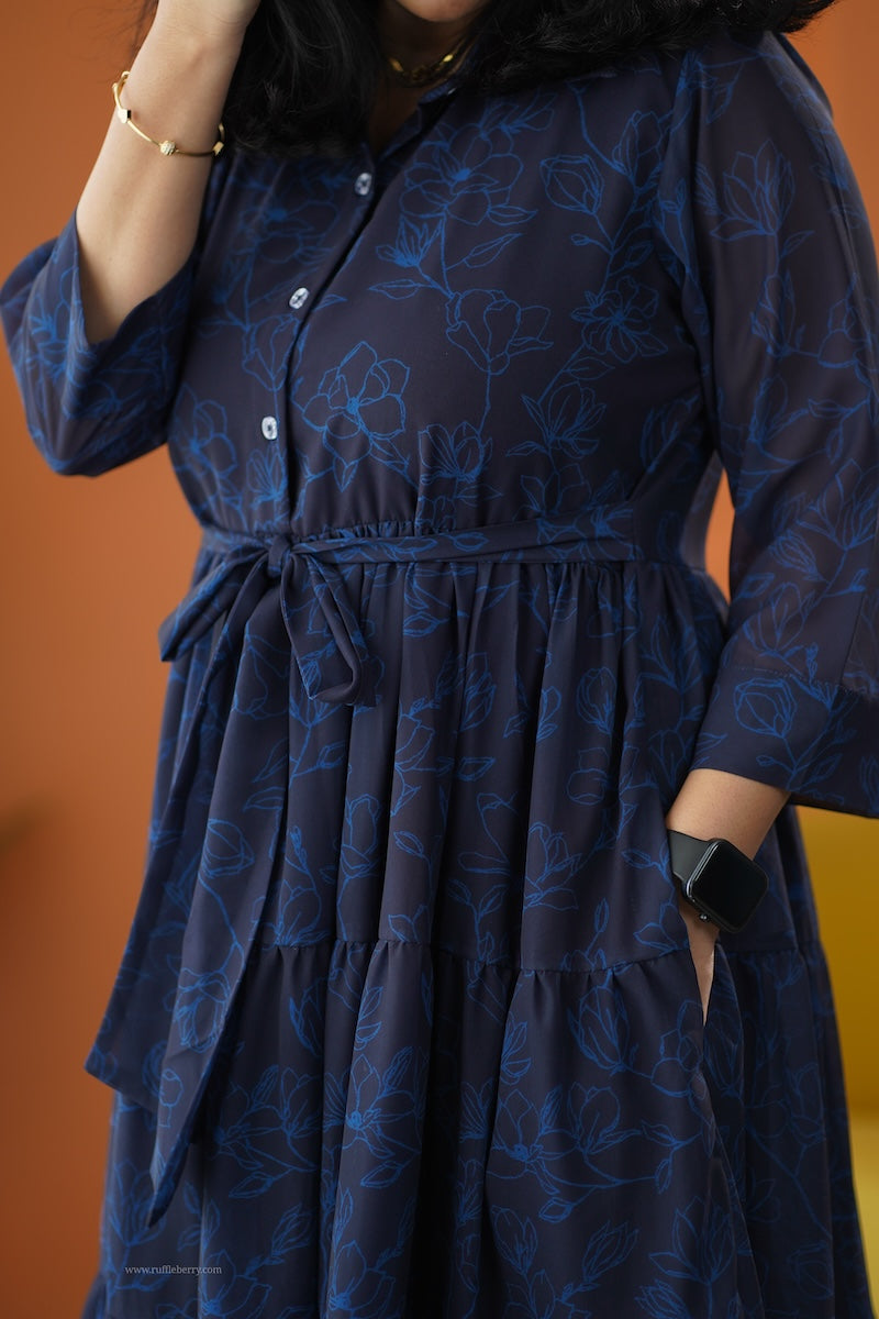 sunburst dark blue georgette shirt tier dress