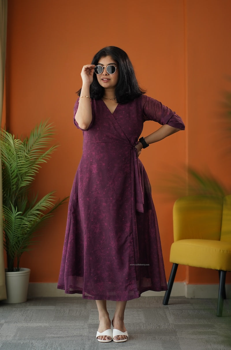 sunburst plum georgette wrap dress