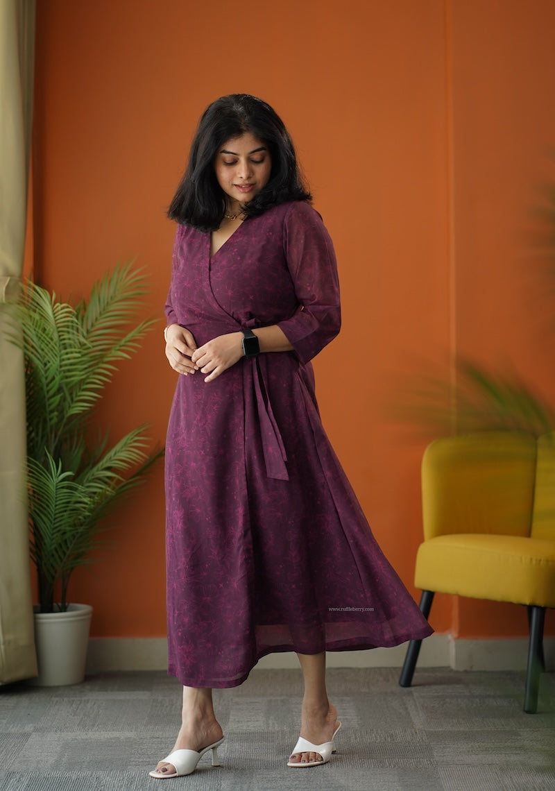 sunburst plum georgette wrap dress