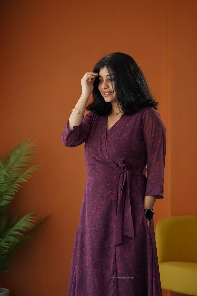 sunburst plum georgette wrap dress