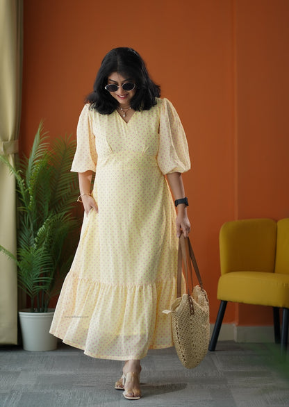 Sunburst Butter Polka Georgette Tier Dress