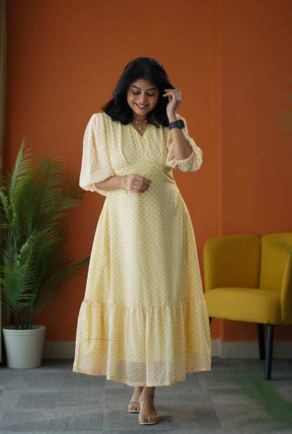 Sunburst Butter Polka Georgette Tier Dress
