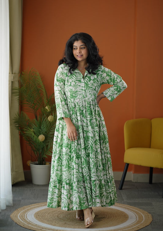 Lela Fresh Green Button Cotton Tier Dress