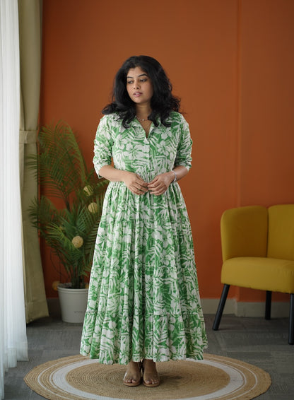 Lela Fresh Green Button Cotton Tier Dress