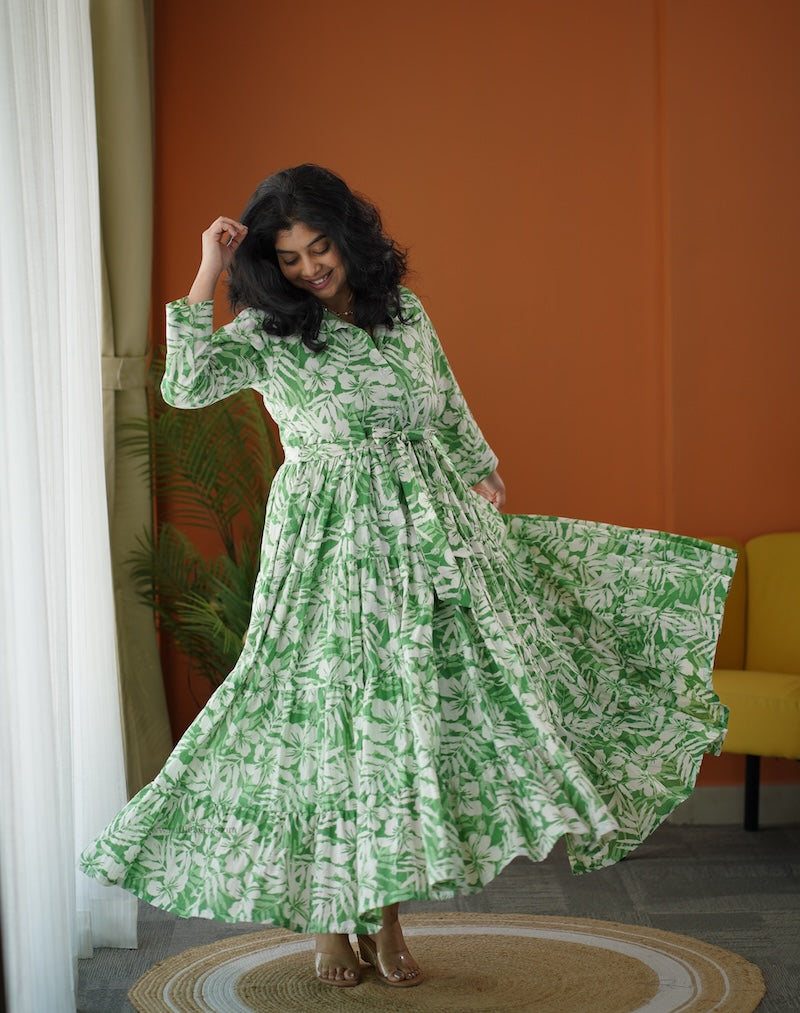 lela fresh green button cotton tier dress