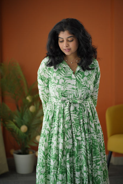 Lela Fresh Green Button Cotton Tier Dress