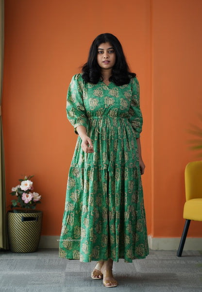 Saavan Green Cotton Tier Dress
