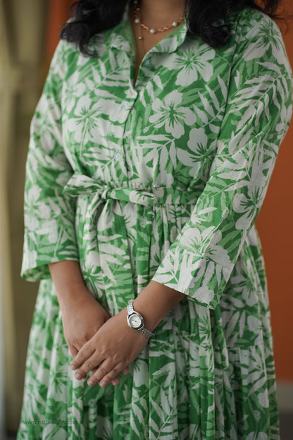 Lela Fresh Green Button Cotton Tier Dress