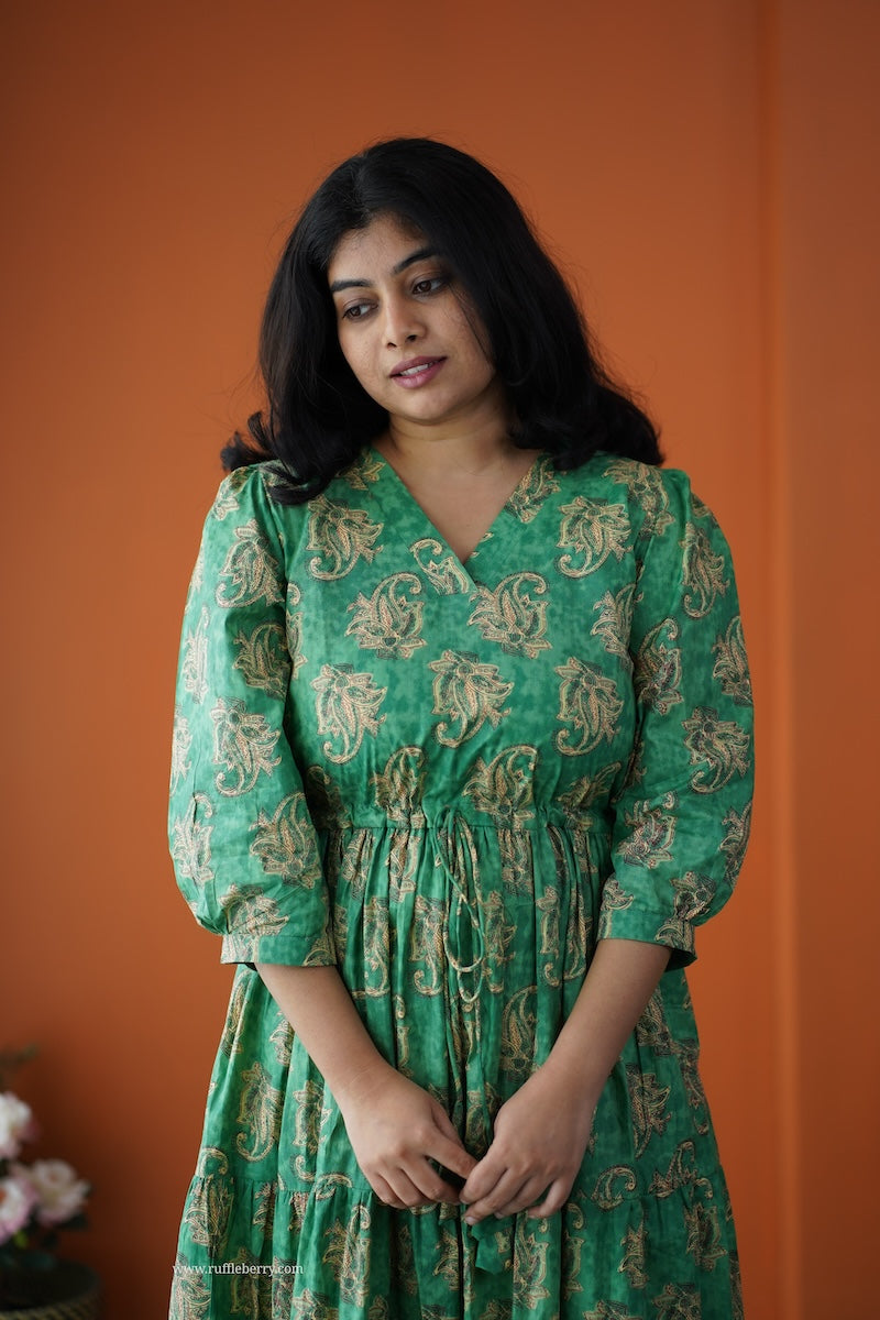 saavan green cotton tier dress