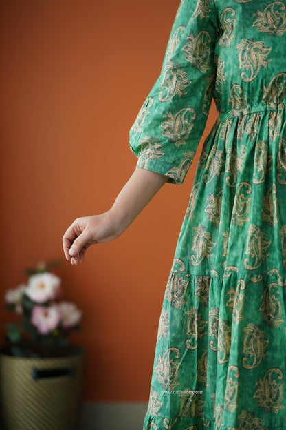 Saavan Green Cotton Tier Dress