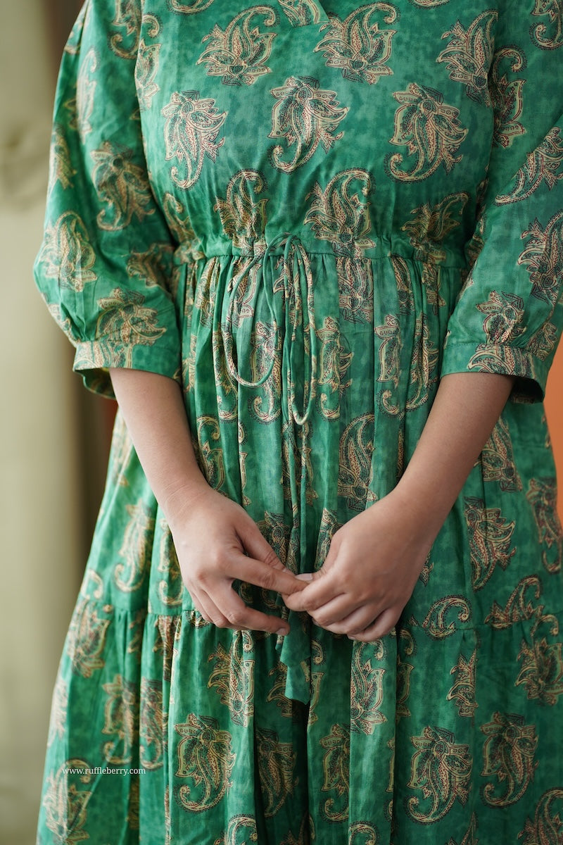 saavan green cotton tier dress