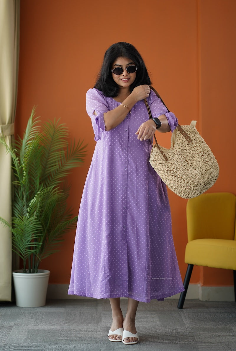 sunburst lilac polka georgette a-line dress