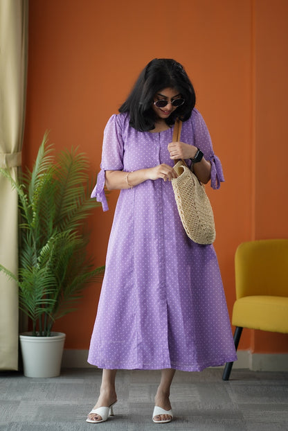 Sunburst Lilac Polka Georgette A-line Dress
