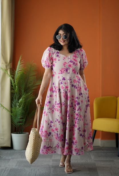 Sunburst Beige Georgette Fit & Flare Dress