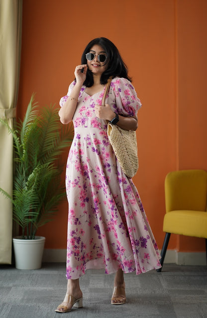 Sunburst Beige Georgette Fit & Flare Dress