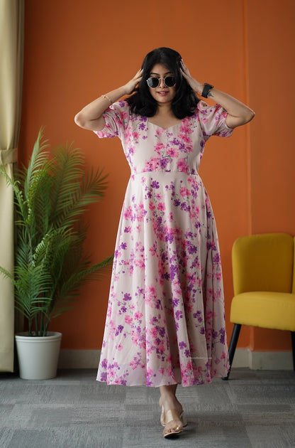 Sunburst Beige Georgette Fit & Flare Dress