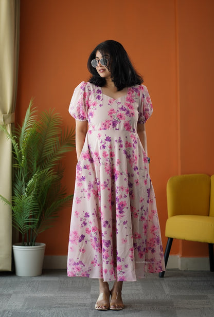 Sunburst Beige Georgette Fit & Flare Dress