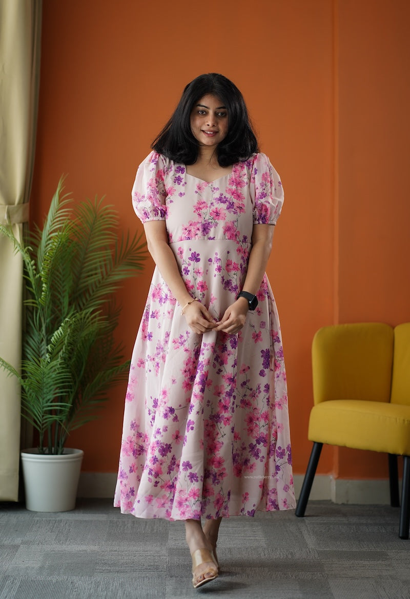 sunburst beige georgette fit & flare dress