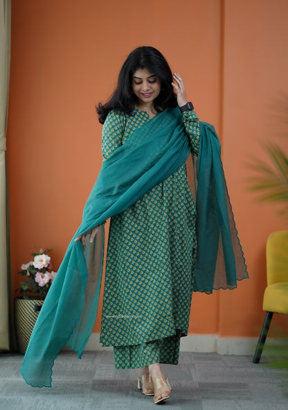 Nyra Leaf Green 3-Piece Cotton Co-ord Set