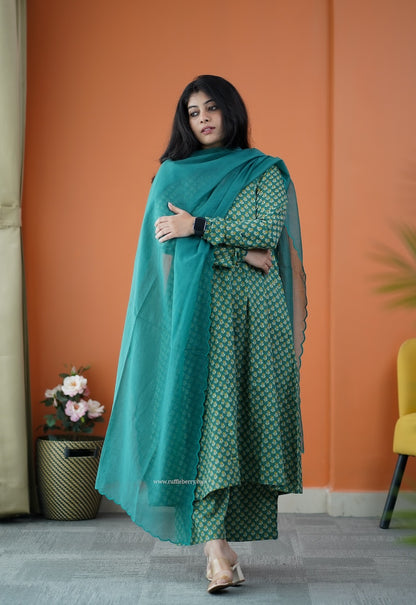 Nyra Leaf Green 3-Piece Cotton Co-ord Set