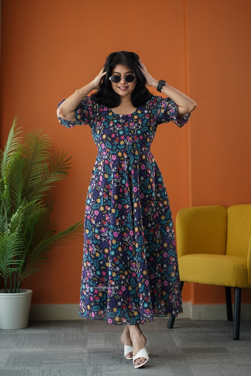 sunburst multifloral georgette fit & flare dress