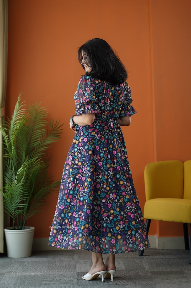 sunburst multifloral georgette fit & flare dress