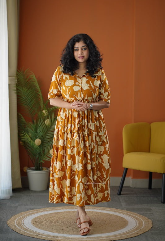 Lela Mustard Yellow Button Cotton Dress