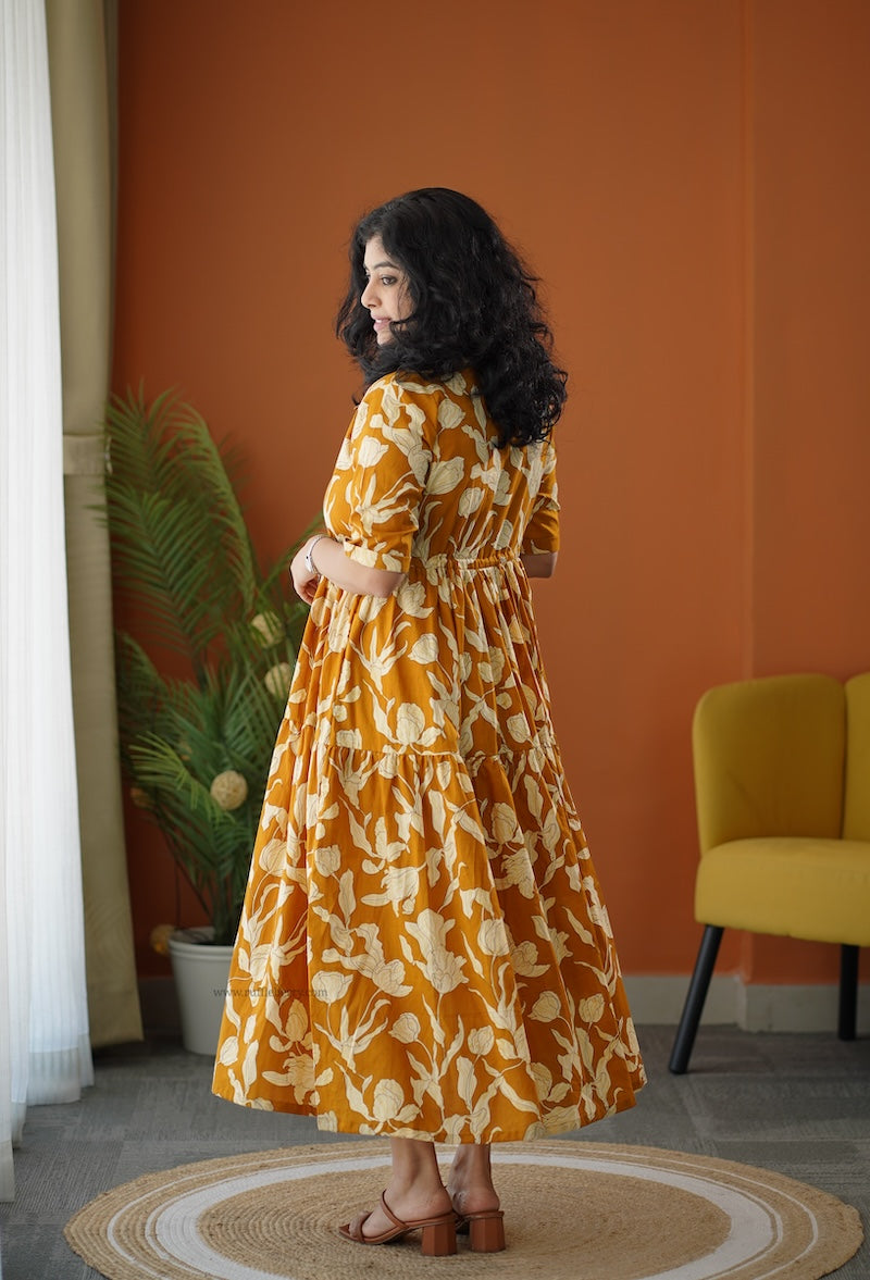 lela mustard yellow button cotton dress