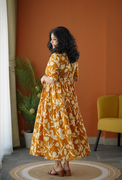 Lela Mustard Yellow Button Cotton Dress