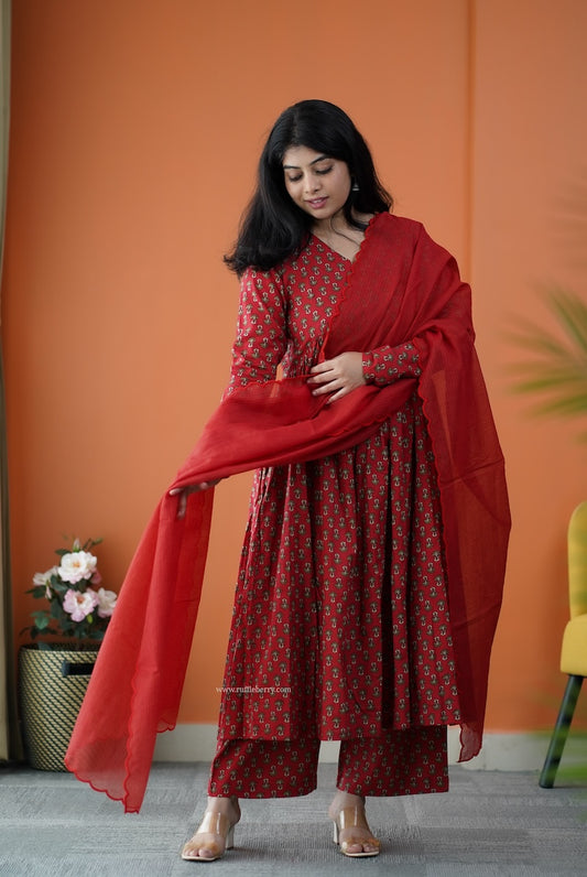 Nyra Ruby Red 3-Piece Cotton Co-ord Set