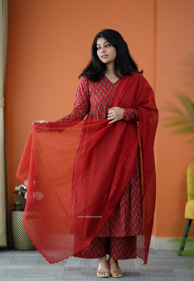 nyra ruby red 3-piece cotton co-ord set