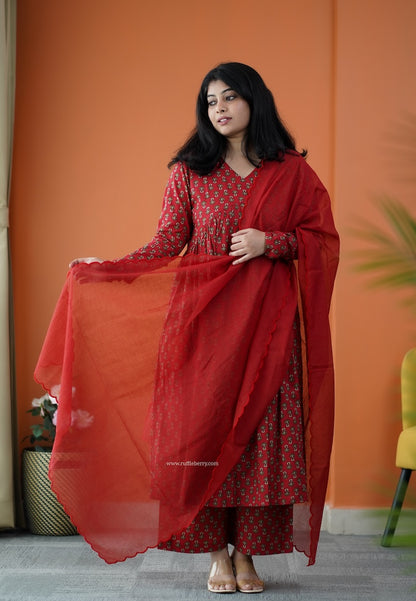 Nyra Ruby Red 3-Piece Cotton Co-ord Set