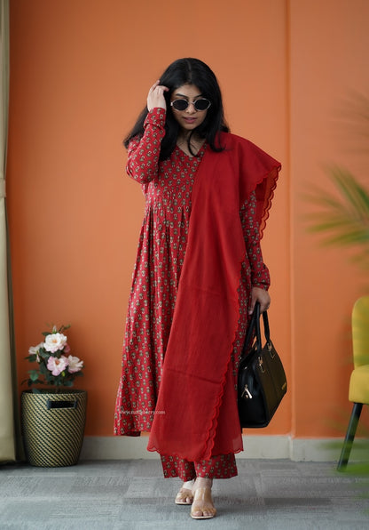 Nyra Ruby Red 3-Piece Cotton Co-ord Set