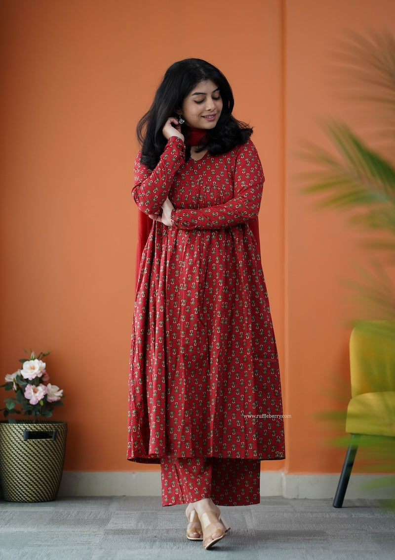nyra ruby red 3-piece cotton co-ord set