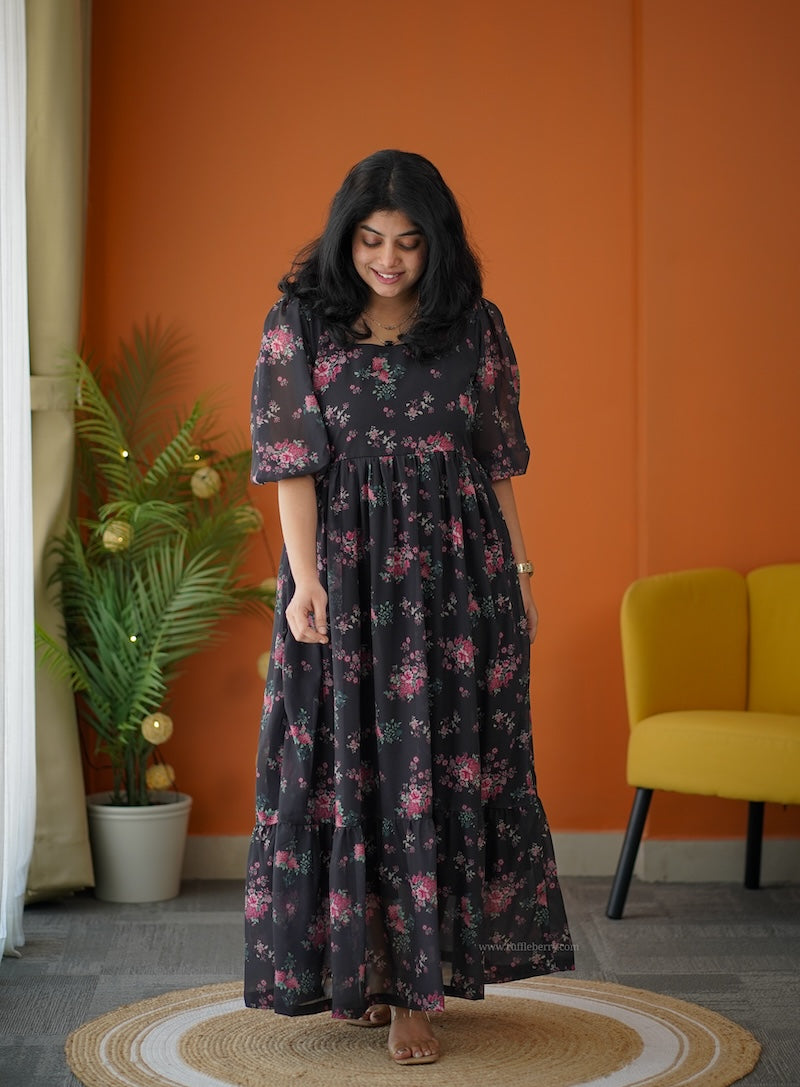 elsa charcoal maxi tier georgette dress