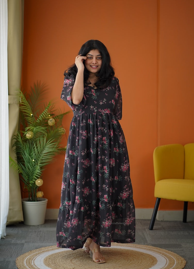 elsa charcoal maxi tier georgette dress