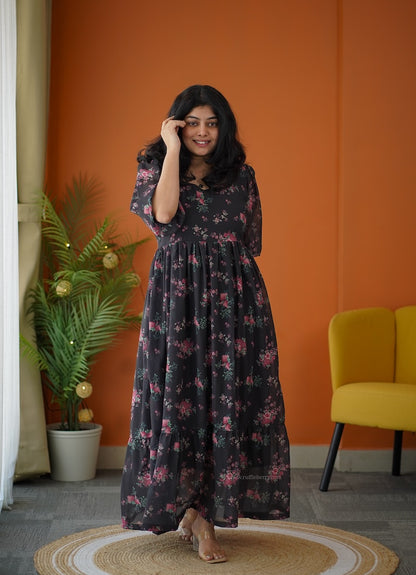 Elsa Charcoal Maxi Tier Georgette Dress