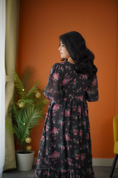 Elsa Charcoal Maxi Tier Georgette Dress